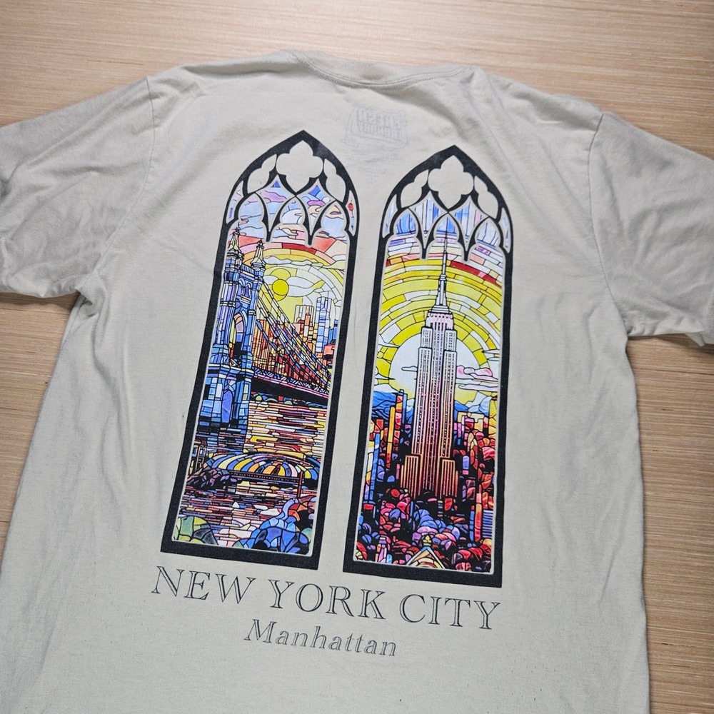 New York City Manhattan Mens L Beige‎ Stained Glass Graphic Tee Fresh Laundry